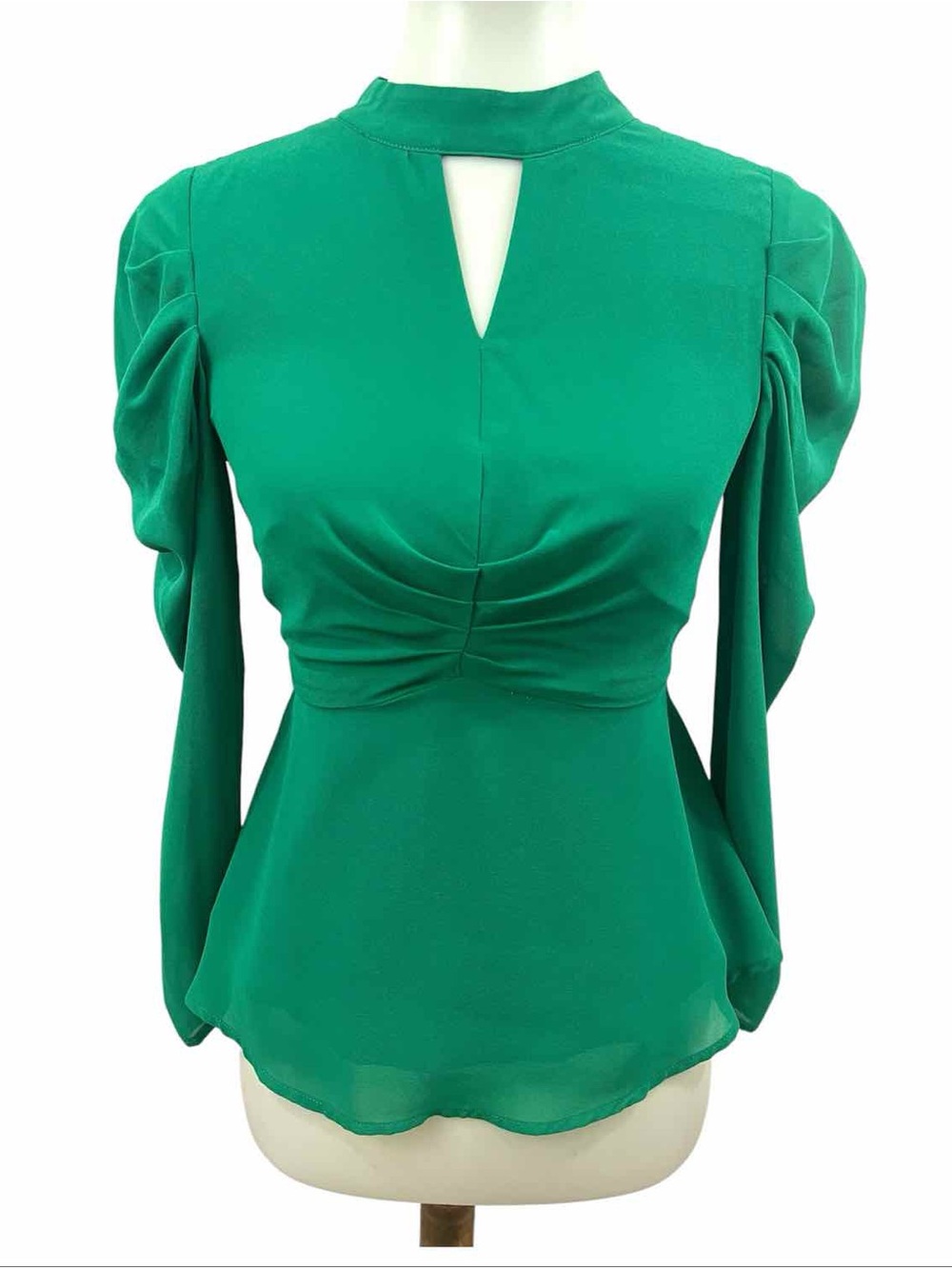 Bebe Emerald Green Puffy Sleeve Keyhole Peplum Long Sleeve Blouse